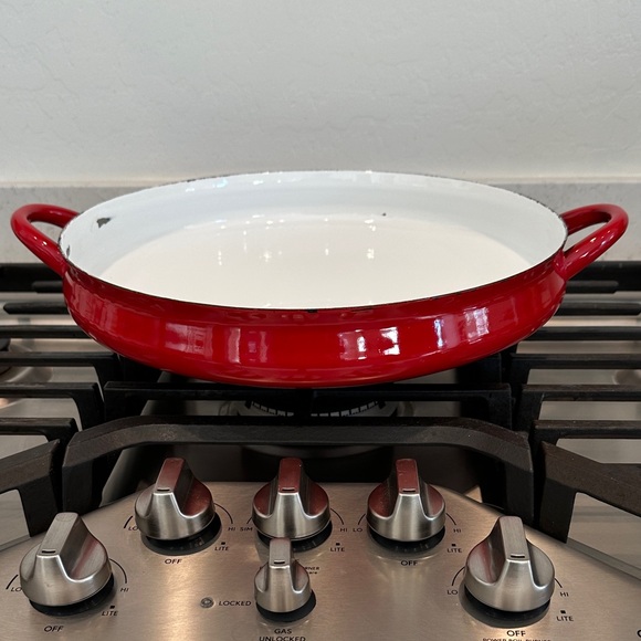Dansk LG 14” Paella Pan. Red Enamel over Steel Curved Pot. Spots of Damage - Picture 6 of 16